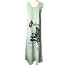 Citron 100% Silk Sleeveless Maxi Dress Space Travel Graphic Print Green Sz Med