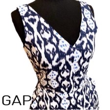 Gap Women’s Navy Blue White ikat Print Sleeveless V-Neck Linen Dress Size 4 New
