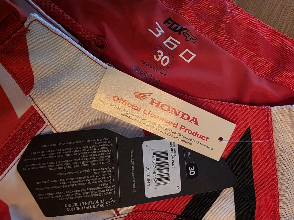 Fox Racing 360 Team Honda Red White Black MX Pants CRF Size 30 NWT NEW - Image 3 of 3