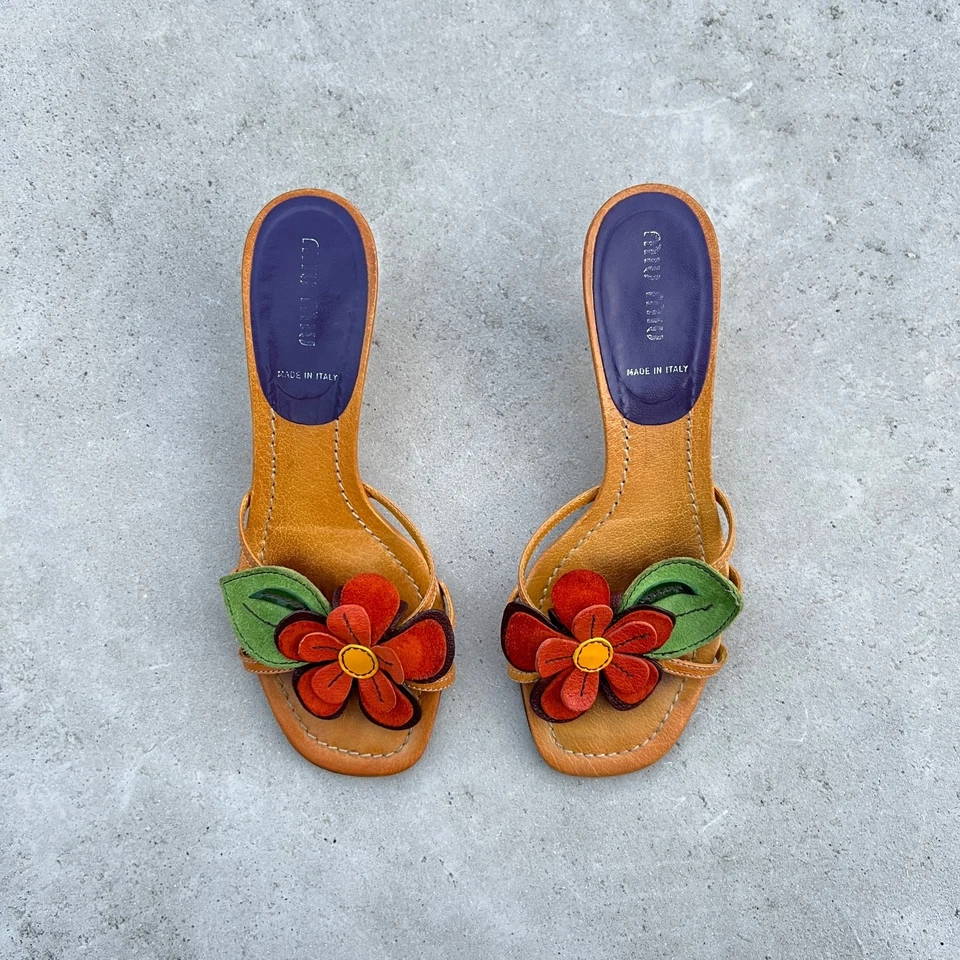 Miu Miu | Authentic Vintage Flower Appliqué Leather Mules Red Orange Strappy(35) - Image 2 of 4