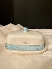 Rae Dunn By Magenta Blue Polka Dot Smear Butter Dish w/Lid