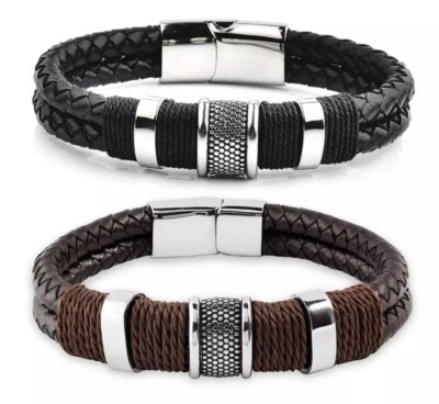 Men's Braided Leather Bracelet - Stainless Steel Magnetic Clasp, Adjustable 8.0-8.5 Inch Wristband