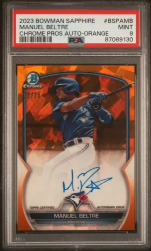 Manuel Beltre 2023 Bowman Chrome Sapphire Orange Auto /25 PSA 9 First Auto SSP