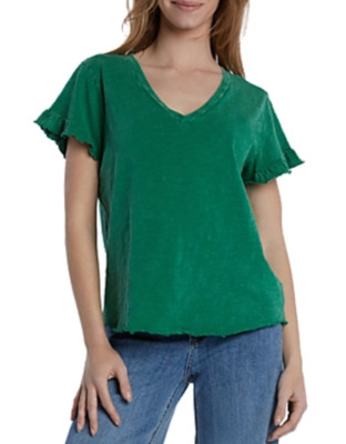 Billy T Women Ruffled V Neck Tee Green Size XS