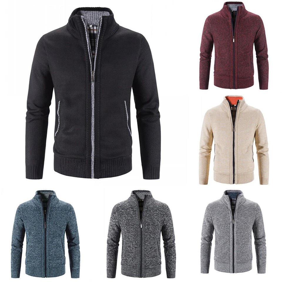 Mens Fleece Lined Cable Knitted Zip Up Cardigan Warm Winter Outerwear