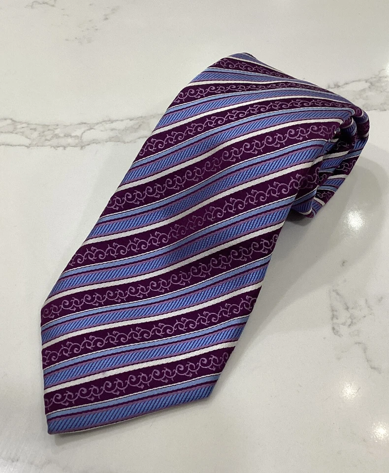 Corbata clásica Bloomingdale’s para hombre púrpura azul a rayas 100 % seda Foto 2 de 4