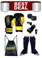 EVO Deal Boxing Gloves Gel Gloves Shin pads Hand Wraps Kickboxing MMA Gym Bag UF
