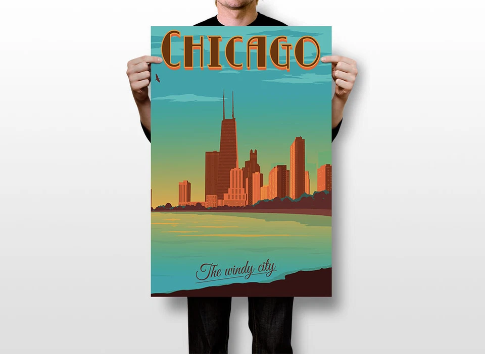 Чикаго город путешествий пейзаж винтажный картина настенное искусство домашнего декора - плакат 20 x 30 - Изображение 3 из 3