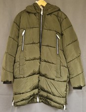 Klass Khaki Green Faux Fur Hood Padded Puffer Mid Length Coat Size M New