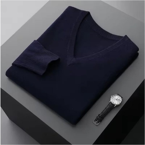 Classic pullover V-neck sweater for men Autumn-winter cashmere cotton blend - Picture 3 of 34