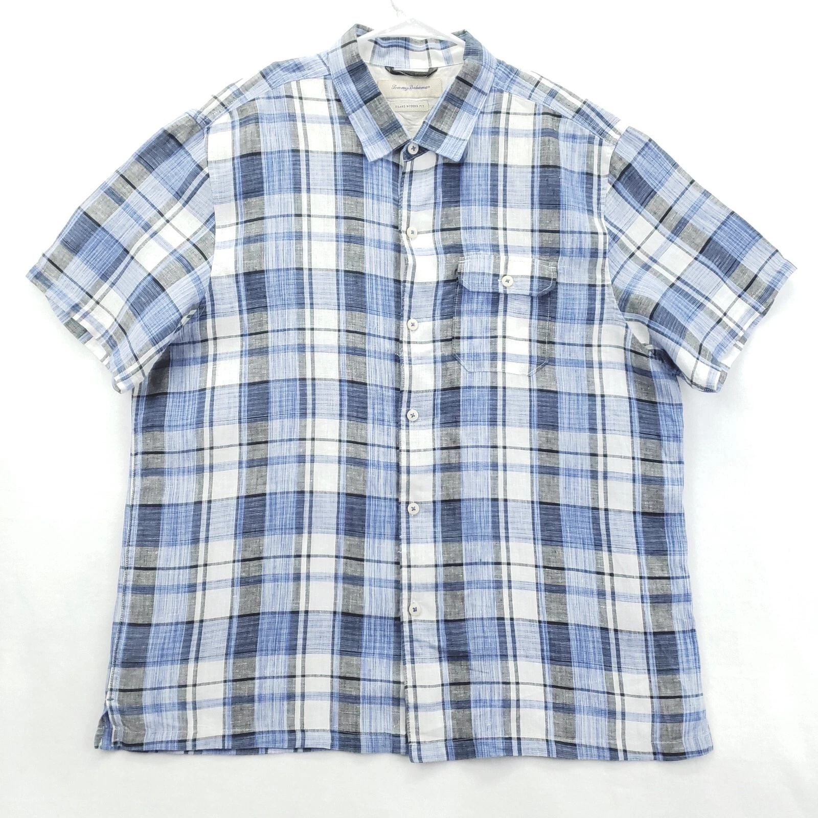 Tommy Bahama Shirt Men XL Blue Gray Plaid Island Modern Fit 100% Linen Button-Up