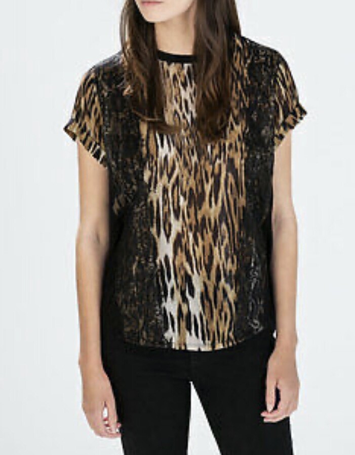 NWT ZARA BLACK BROWN  ANIMAL COMBINED LACE PRINTS SILKY TOP  0264/224