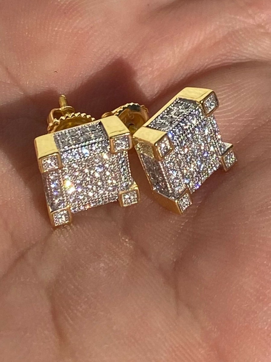 Mens Real Solid 925 Silver Iced CZ Hip Hop Earrings Stud 14k Gold