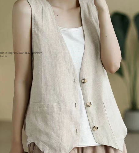 Womens Cotton Linen Vest Casual V Neck Sleeveless Blazer Jacket Thin Waistcoat - Picture 6 of 20