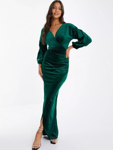 Quiz size 18 green velvet long maxi evening party prom wedding guest dress gown.