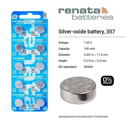 Zegarek Renata 357 SR44W 1.55V z tlenkiem srebra (2 baterie) - Made in Switzerland - Zdjęcie 2 z 7
