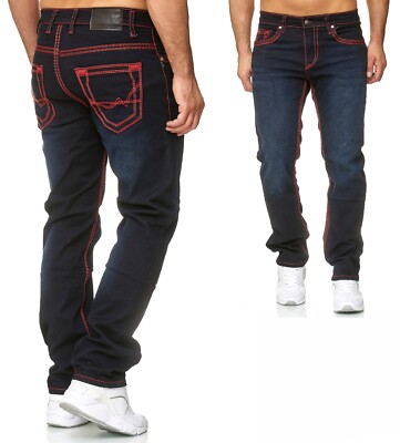 Iprofash Herren Jeans Hose Washed Straight Cut Regular Stretch Grau-Rot-Weiss- 2