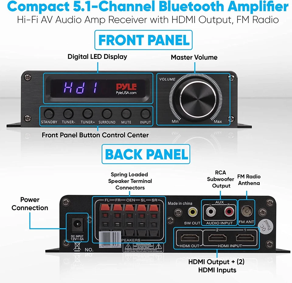 PyleHome PFA560BT Compact 5.1-Channel Wireless Bluetooth Amplfier - Image 3 of 4