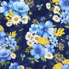 Timeless Treasures Floral Bouquet Navy, Cotton Fabric by the yard, 1/2 yard