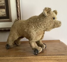 Antique Straw Stuffed Early Steiff Teddy Bear Pull Toy On Wheels Golden Mohair