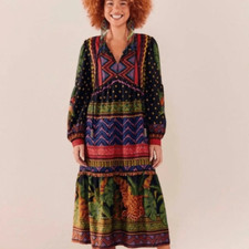 Farm Rio XS Forest Tapestry Midi Dress Geometric Jungle Linen Blend Tassel $265
