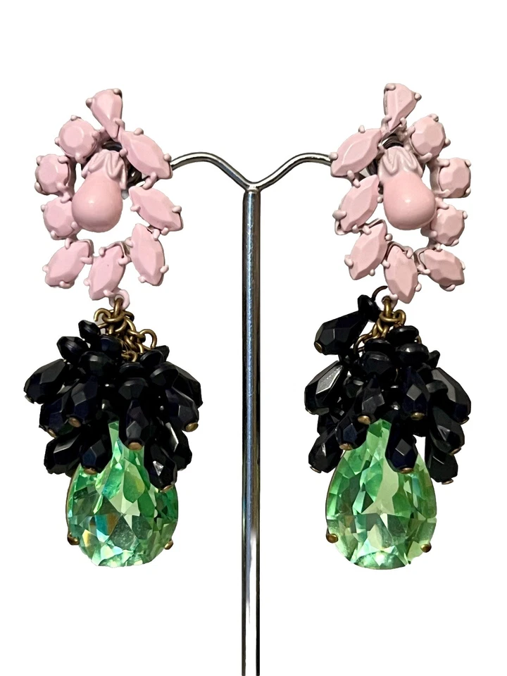 J CREW BRIGHT MIXED MEDIA PINK, GREEN & BLACK DROP EARRINGS PIERCED EARS- 3 INCH - Image 3 of 4