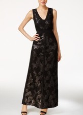 NWT 249 Calvin Klein - Floral-Sequined Column Gown, Black, Size 12