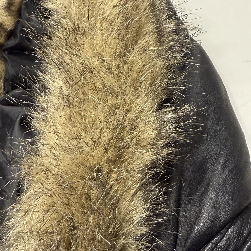 Black Leather Puffer Coat Fur Trimmed Hood / Hoodie Jacket Mens Full Zip Sz: 3XL - Image 4 of 4