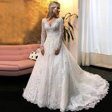 V-neck Long Sleeve Tulle Lace Beaded Luxury Formal Wedding Dress White/Ivory