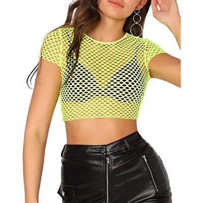 Trendiges Netz Crop Top T Shirt Bluse für Damen Kurzarm Fischnetz Design