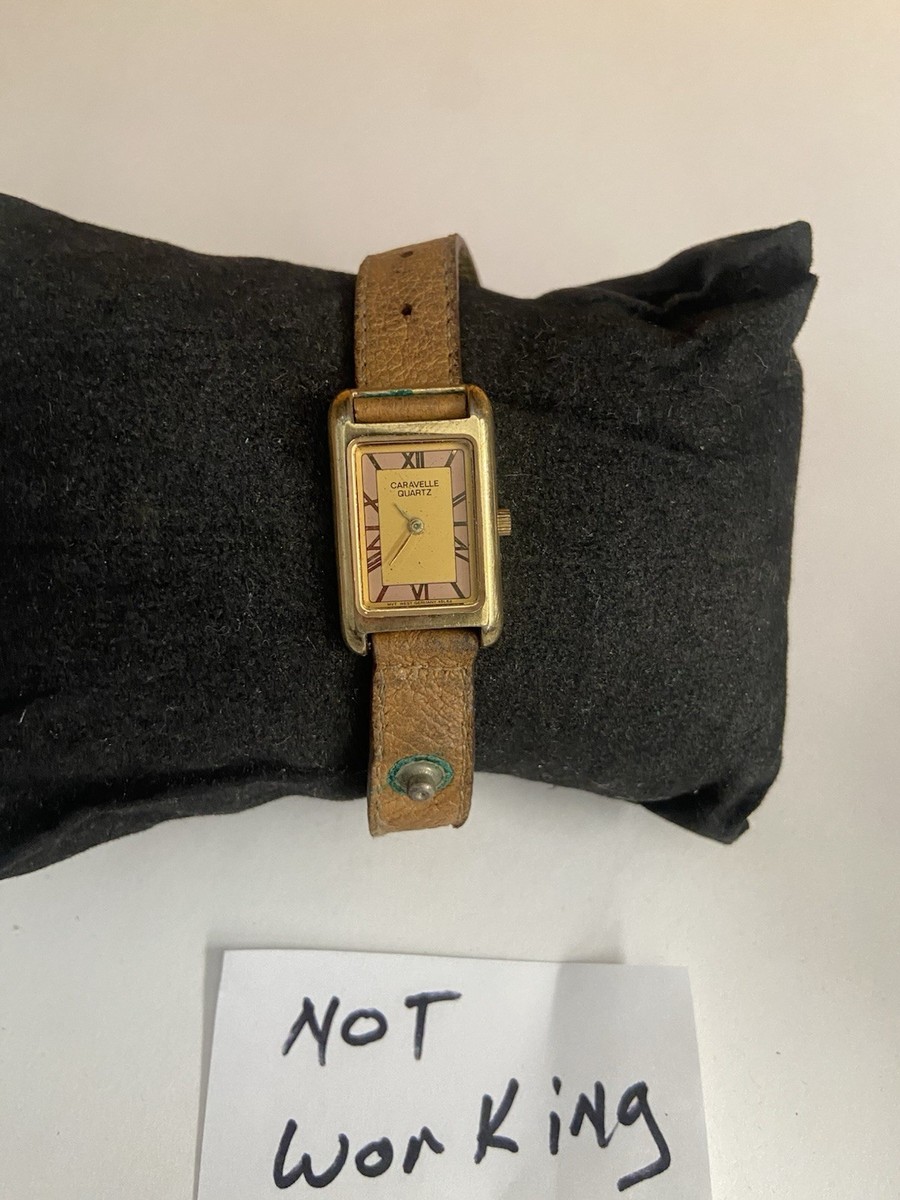 Vintage Caravelle Women Watch 48L63 Tank Gold Pigskin Snap On Strap 1985 Ladies Vintage Bulova Caravelle Ladies Gold Tone Square Tank Watch  main image 2