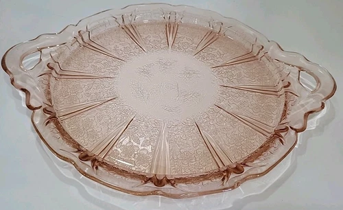 Vintage Jeanette Pink Depression Glass Cherry Blossom Round Platter W/...