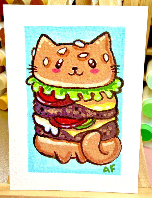 Cat Mini Painting, Burger ACEO, Original Art Card, Acrylic Painting, 3.5x2.5in