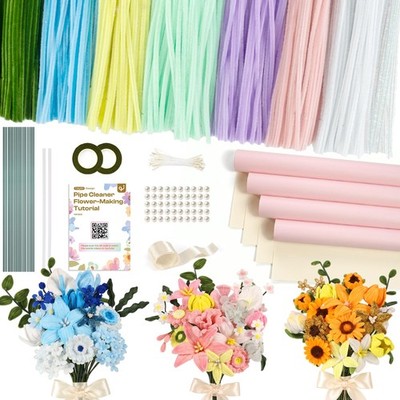700 Pieces Pipe Cleaner Flower Kit with Bouquet Making Accessories, Macaron C...