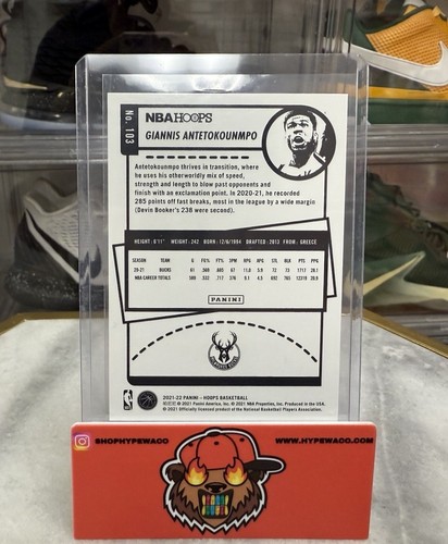 2021-22 Panini NBA Hoops Giannis Antetokounmpo Yellow Base Card #103 Bucks - Picture 2 of 2