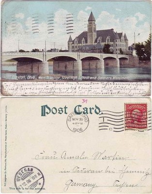 Postcard Dayton (Ohio) Main St Bridge, Steel High School