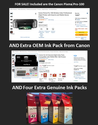 Canon Pixma Pro-100 Wireless Color Professional Inkjet Printer + NEW OEM Ink