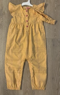 (NWOT) Penelope Mack Girl's Size 18 Months Mustard & Pink Coverall With Headband