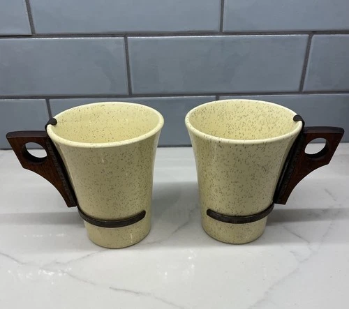 Pair of VINTAGE Bauer Monterey Moderne Yellow  Speckled Tumblers w/Copper Handle