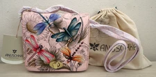 Anuschka Pink Dragonflies Hand-Painted Leather Crossbody Bag RFID Protection$146