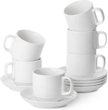 BTaT- Stackable Tea Cups and Saucers, White, Set of 6 (8 12 Piece Set, White 