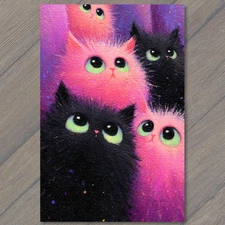Art Print Pink Black Cats Green Eyes Fluffy Whimsical Cosmic Style