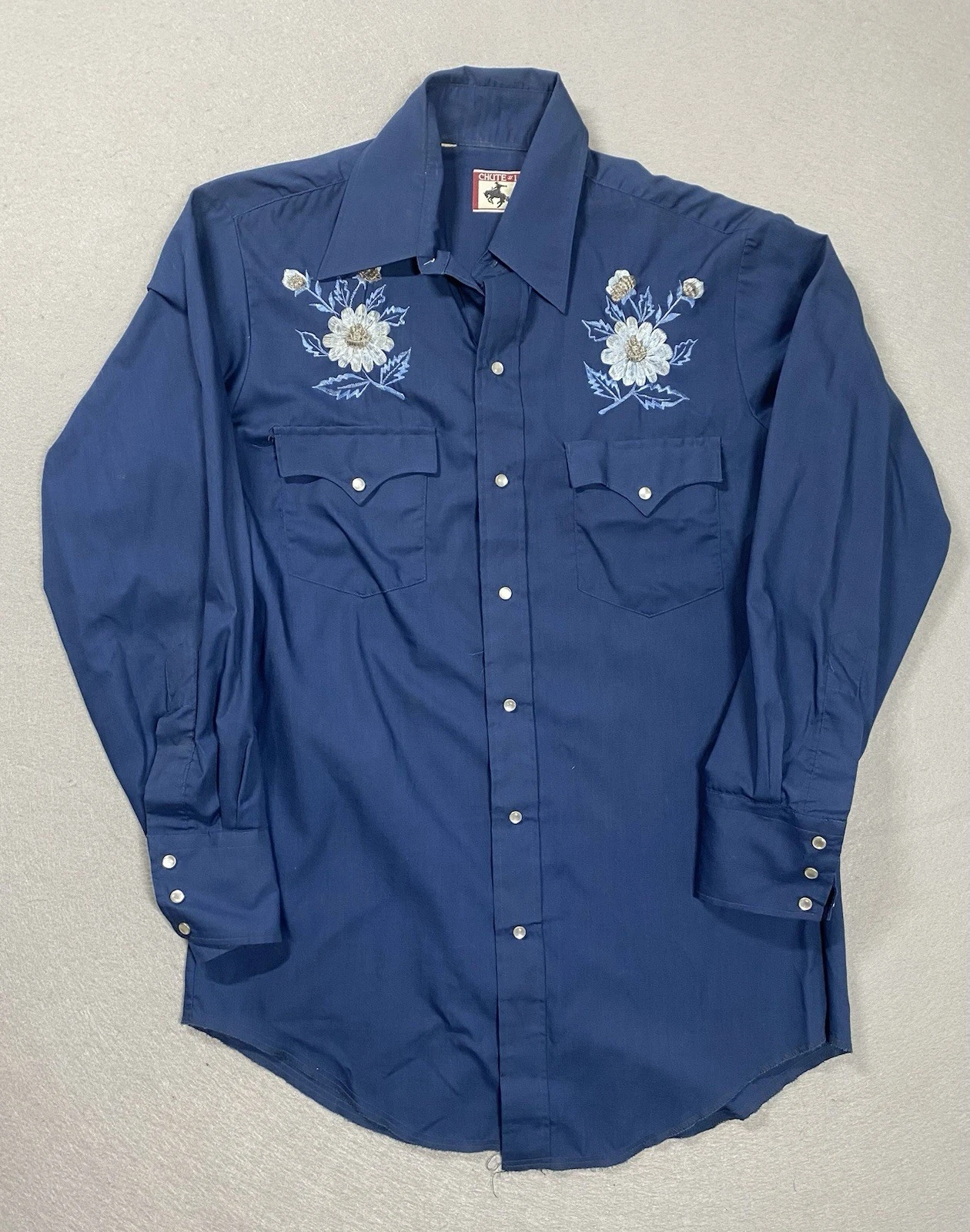 Vtg, Western Pearl Snap, Embroidered, Flowers, Dark Blue, Chute, L, Measurements