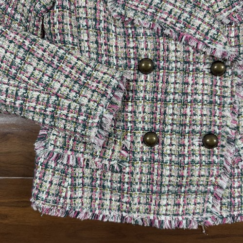 Ann Taylor Women's Size 0 Pink Green White Tweed Fringe Jacket Blazer - Picture 2 of 12
