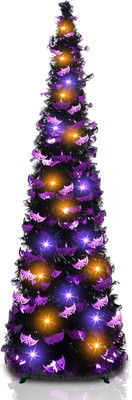5 FT Halloween Tinsel Tree, Black Halloween Pop up Christmas Tree Artificial Col