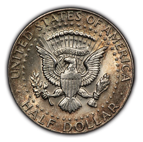 1964 50c Kennedy Silver Half Dollar - Speckled Rainbow Rim Toning - BU - H2455