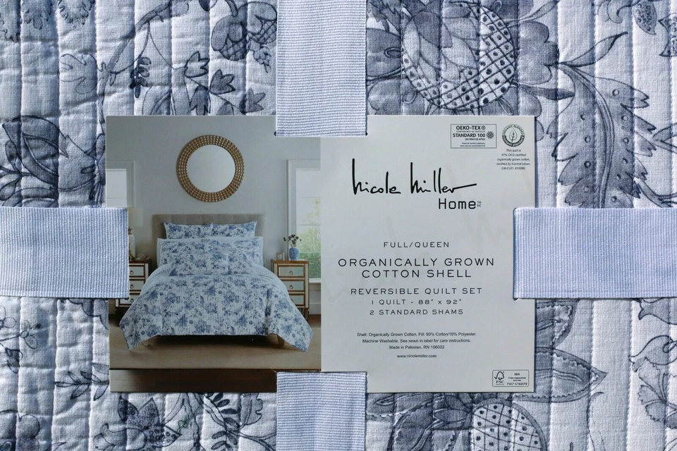 Nicole Miller Juego Completo de Edredón Queen Reversible Floral Cambray Azul Orgánico Cotto Foto 4 de 4