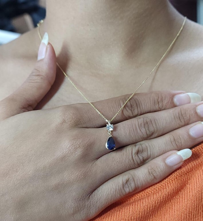 14Kt Gold Blue Sapphire Teardrop & Lab Grown Diamond Pendant eBay