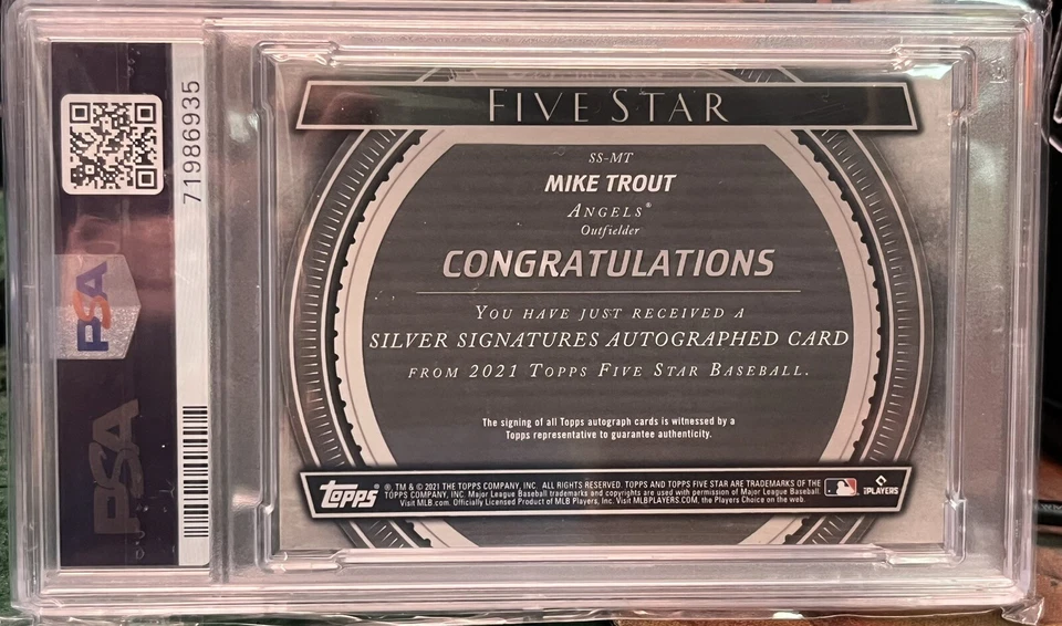 2021 TOPPS FIVE STAR MIKE TROUT SILVER SIGNATURES AUTO CARD GREEN 08/15 PSA 8!!! - Image 2 of 3