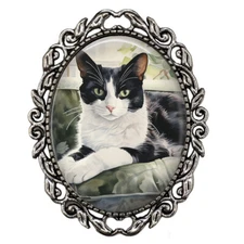 Lounging Black & White Tuxedo Cat Mom Gift Brooch Original Watercolor Art Print